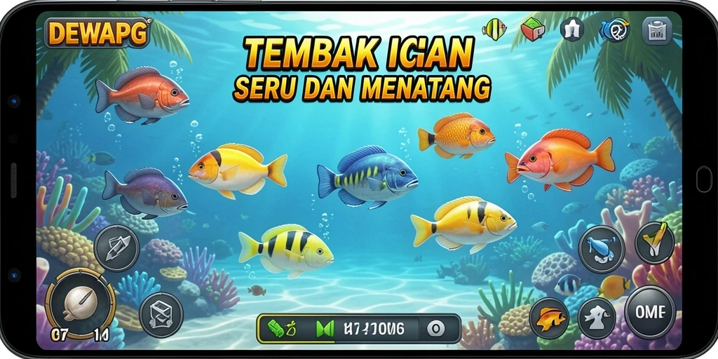 Screenshot gameplay DEWAPG dengan aksi menembak ikan.