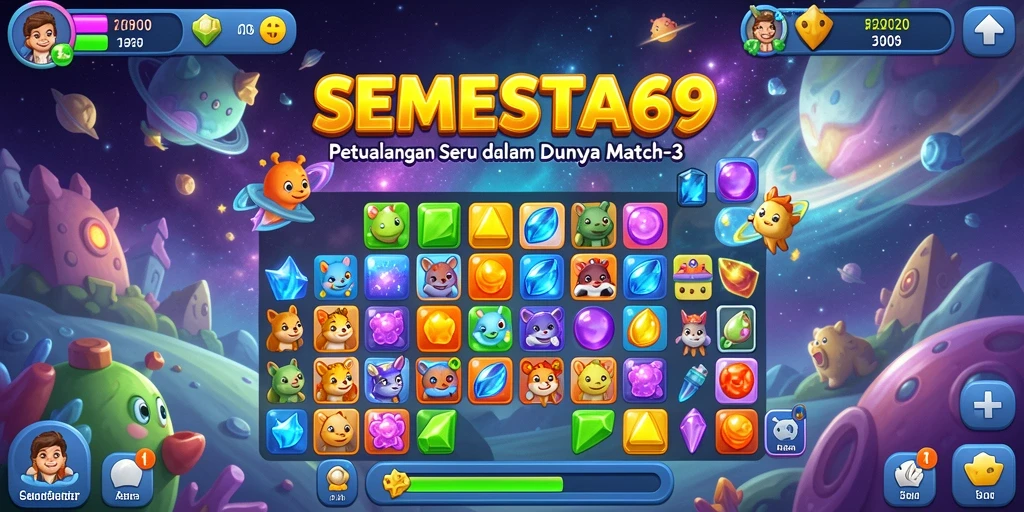 Screenshot SEMESTA69 menunjukkan aksi Match-3 yang seru dan penuh warna.